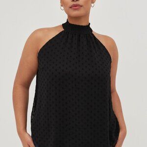 Torrid Black Chiffon Clip Dot Smocked Halter Tank 1X/14-16